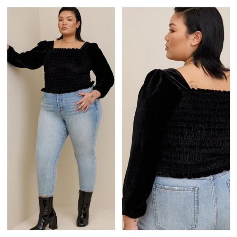 Torrid Velvet Smocked Blouson Sleeve‎ Crop Top Blouse Long Sleeve Black size 2x
